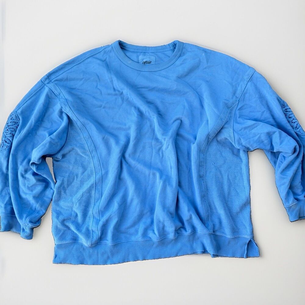 Aerie Hey Crochet Oversized Sweatshirt XL Blue Balloon Sleeve Crewneck